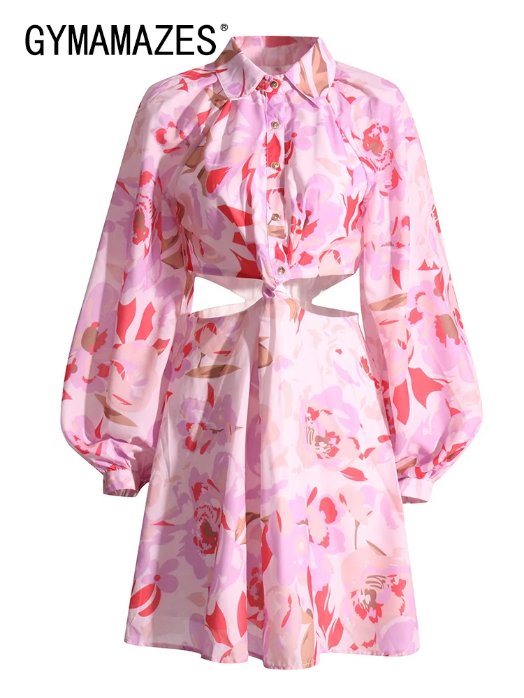 

GYMAMAZES Hollow Out Print Dress For Women Lapel Lantern Sleeve Colorblock Mini Dresses Female Fashion Casual Clothing 2022 New