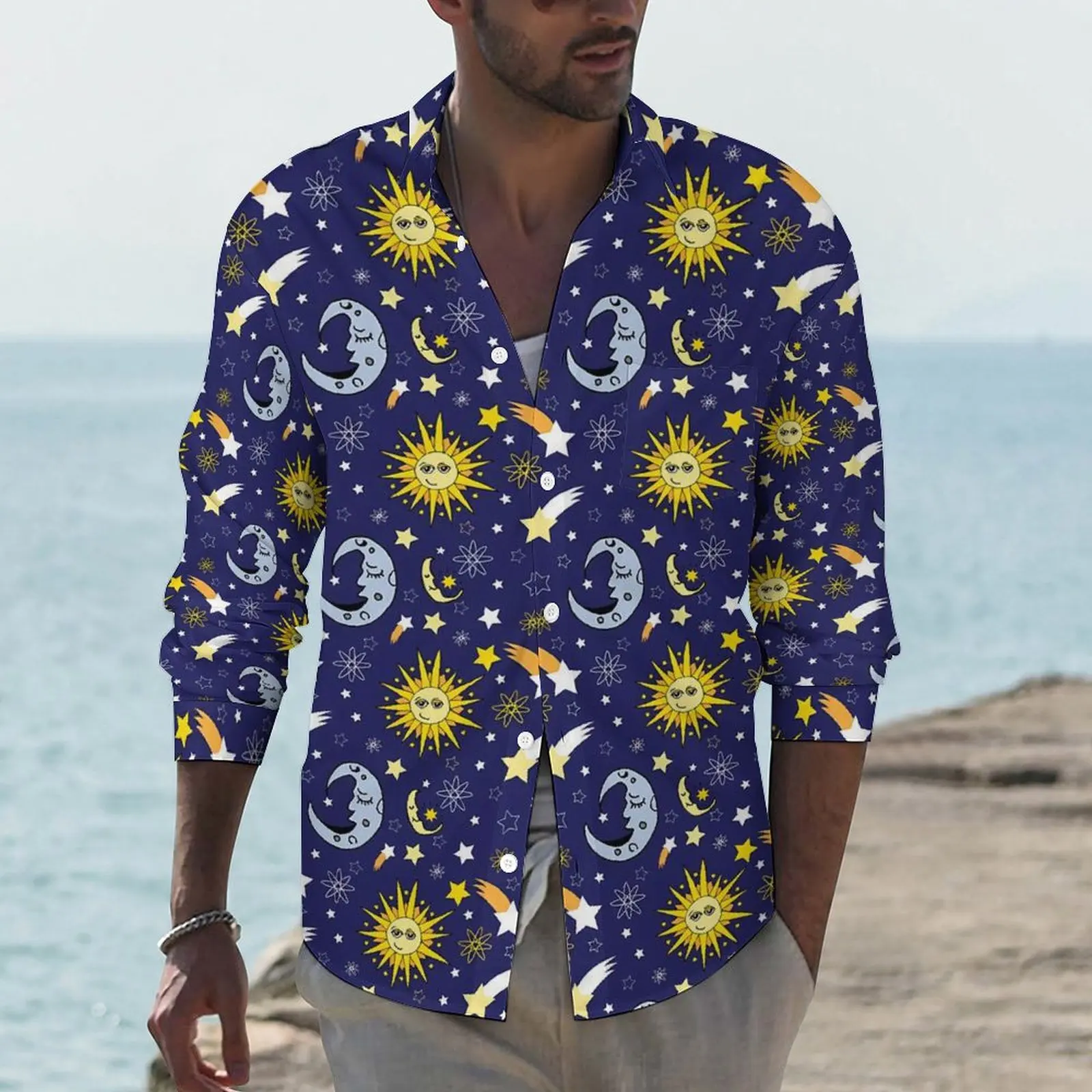 

Sun And Moon Casual Shirts Male Celestial Astrology Shirt Long Sleeve Trending Harajuku Blouses Autumn Printed Top Plus Size