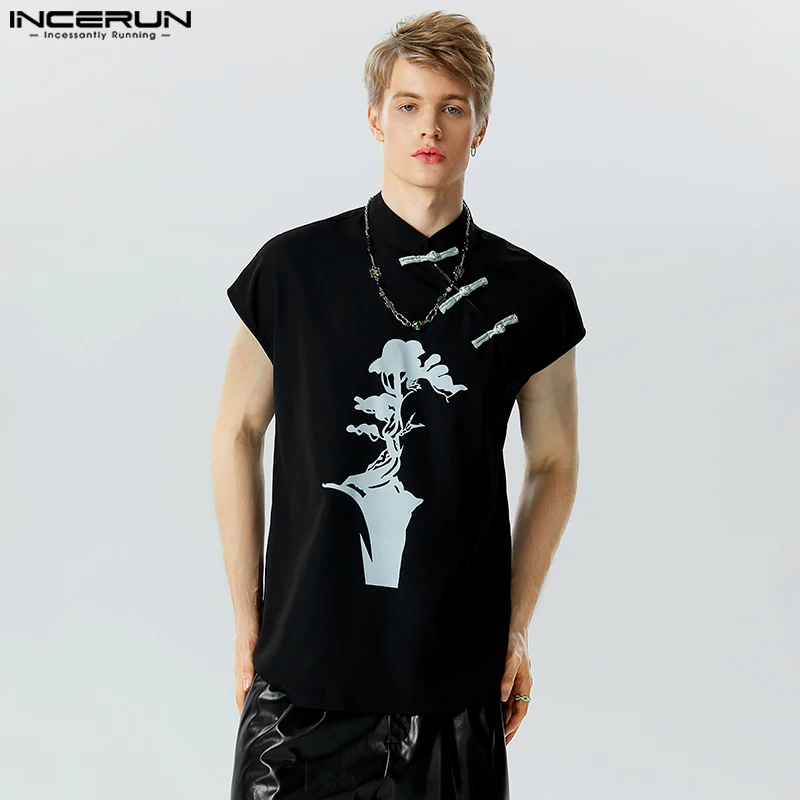 

Chinoiserie Tops 2023 Men's Knot Button Dragon Printing Middle Blouse Casual Streetwear Hot Selling Male Sleeveless Shirts S-5XL