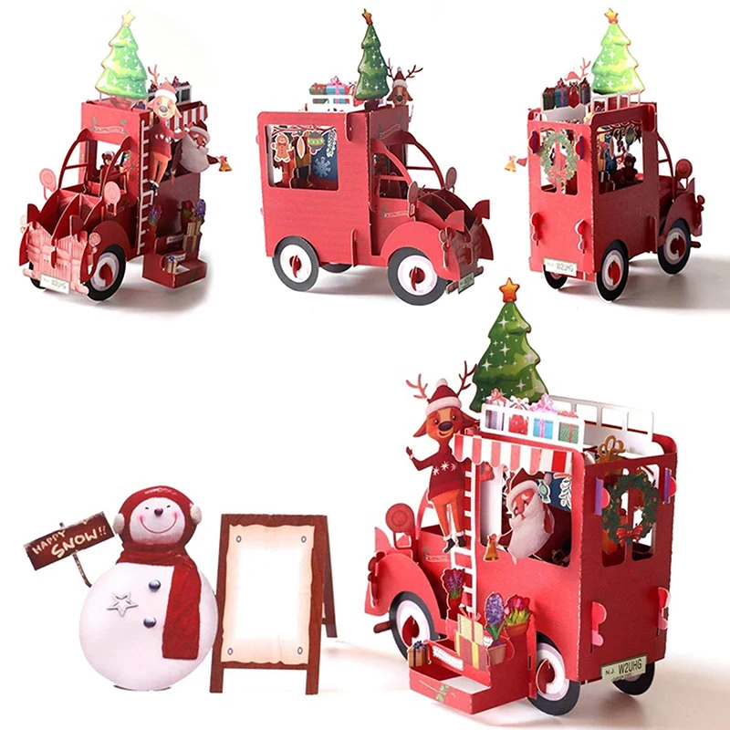 

3D Рождественская поздравительная открытка, открытки со всплывающим рисунком, снеговик, Санта-Клаус, автомобильный бумажный конверт, открыт...