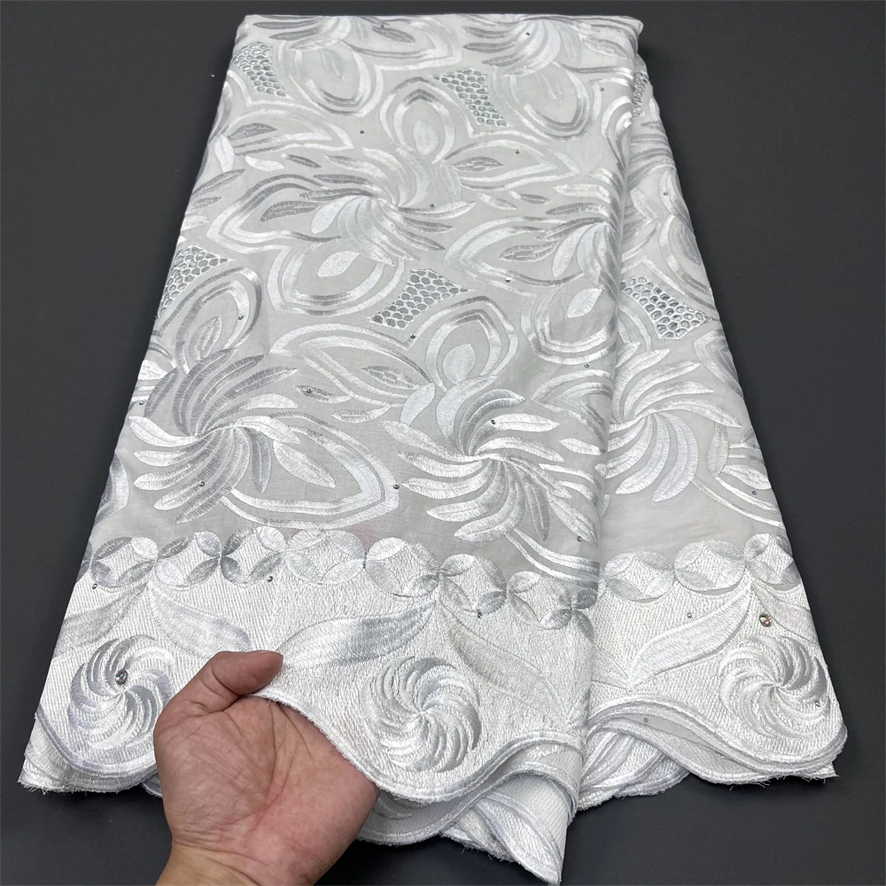 

2023High Quality African Nigerian Tulle Lace Fabric Cotton Embroidery Wedding Party Dress Swiss Golden White Damask Guipure