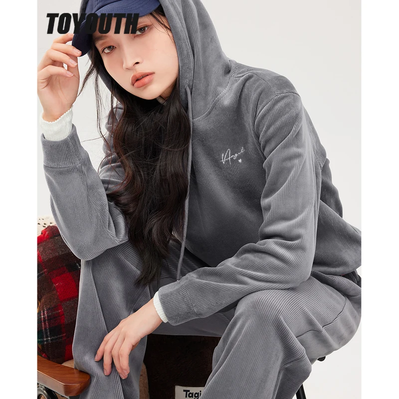 

Toyouth Women Corduroy Hooded Sweatshirt 2022 Winter Long Sleeve Loose Fleece Hoodie Gray Warm Casual Streetwear Pullover
