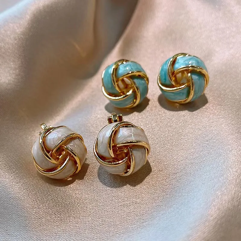 

Korean Enamel Circle Woven Knot Stud Earrings for Women Girls Fashion Dangle Statement Wedding Party Travel Piecing Jewelry Gift