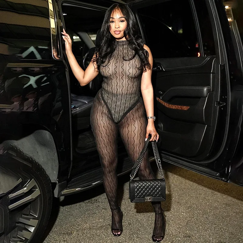 

Mesh Wave Ruffles See Through Black Two Piece Women O Neck Sleeveless Bodysuits High Waist Slim Fit Footed Pants Sexy Clubwear