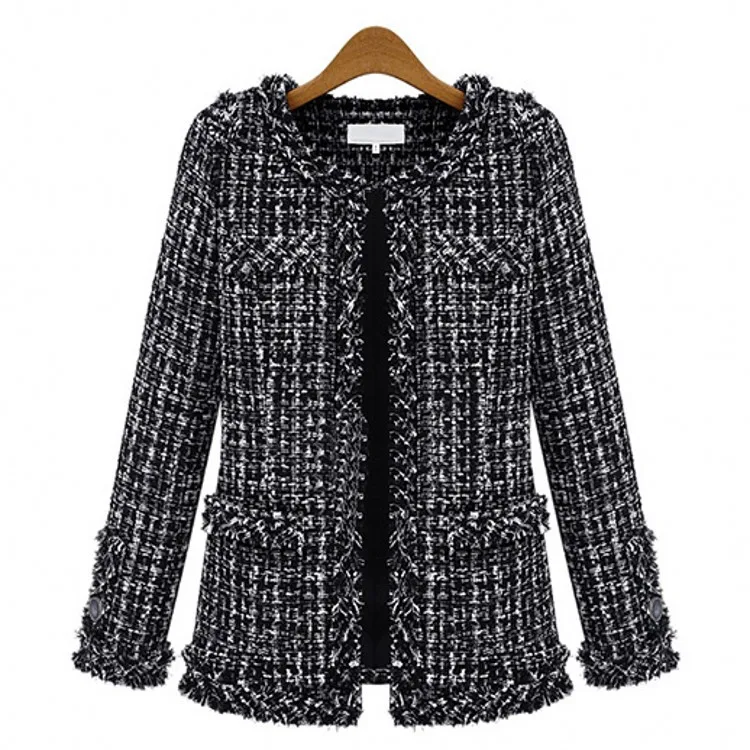 

Autumn and Winter Black and White Check Tweed Tweed Plus Size Women's Jacket Niche Design Fashion Trend