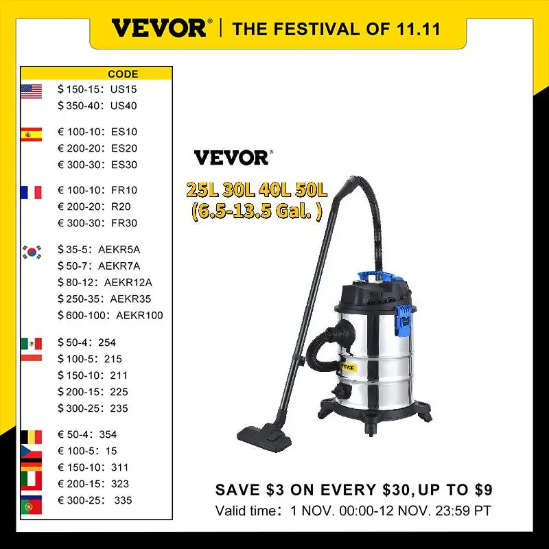 

VEVOR Dust Extractor Collector Wet & Dry Vacuum Cleaner 6.5-13.5 Gal. HEPA Filtration System for Household and Jobsite Cleaning