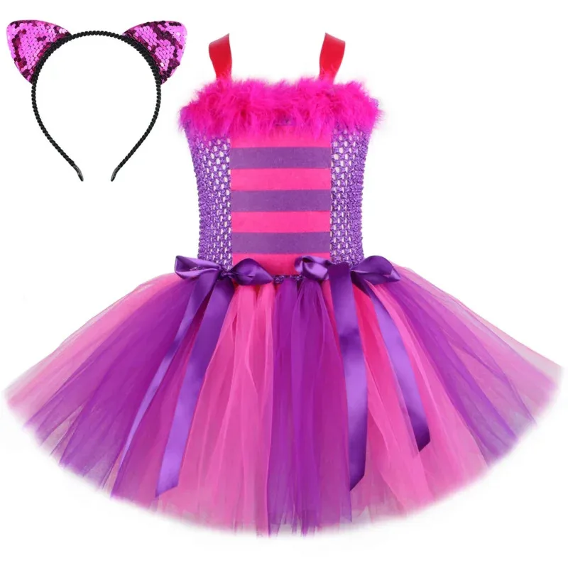Фото Алиса в стране чудес Chesuite Cat Tutu ярко-розовый фиолетовый мультяшный тюль праздничное платье для девочек детский костюм для косплея на Хэллоуин NM31 №1