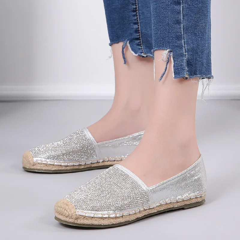 Hemp Rope Rhinestone Women Fisherman Shoes Pu Leather Loafers Silver Black Ladies Moccasin Shiny  Flats Zapatillas Mujer 43