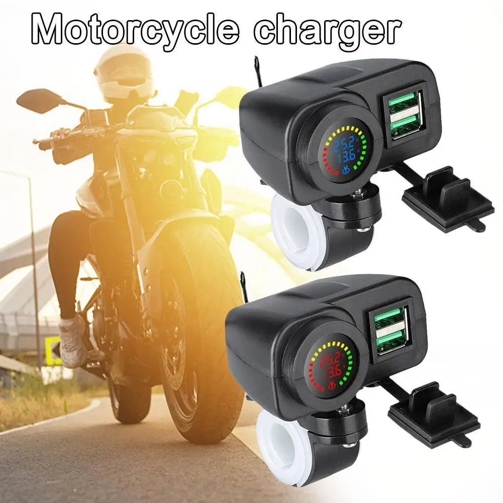 

QC3.0 Motorcycle Dual USB Charger Fast Charging Colorful Voltmeter Mobile 36W Phone Charger Display Thermometer Digital Soc T7U1