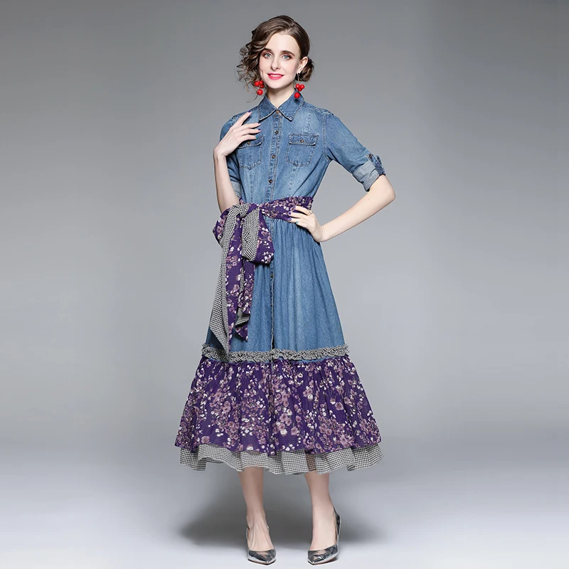 

SuperAen 2022 New Retro Spring Floral Printing Patchwork Slim A Line Denim Dress Women