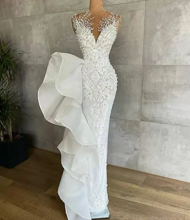 

Luxurious Pearls Mermaid Wedding Dresses Beaded Crystals Lace Jewel Neck Ruffles Bridal Gowns Robe De Mariée Vestidos