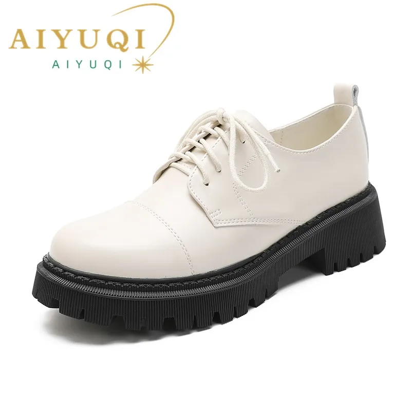 

AIYUQI Shoes Women British Style 2023 New Thick-soled Platform Retro Patent Leather Lace-up Spring Loafers For Women