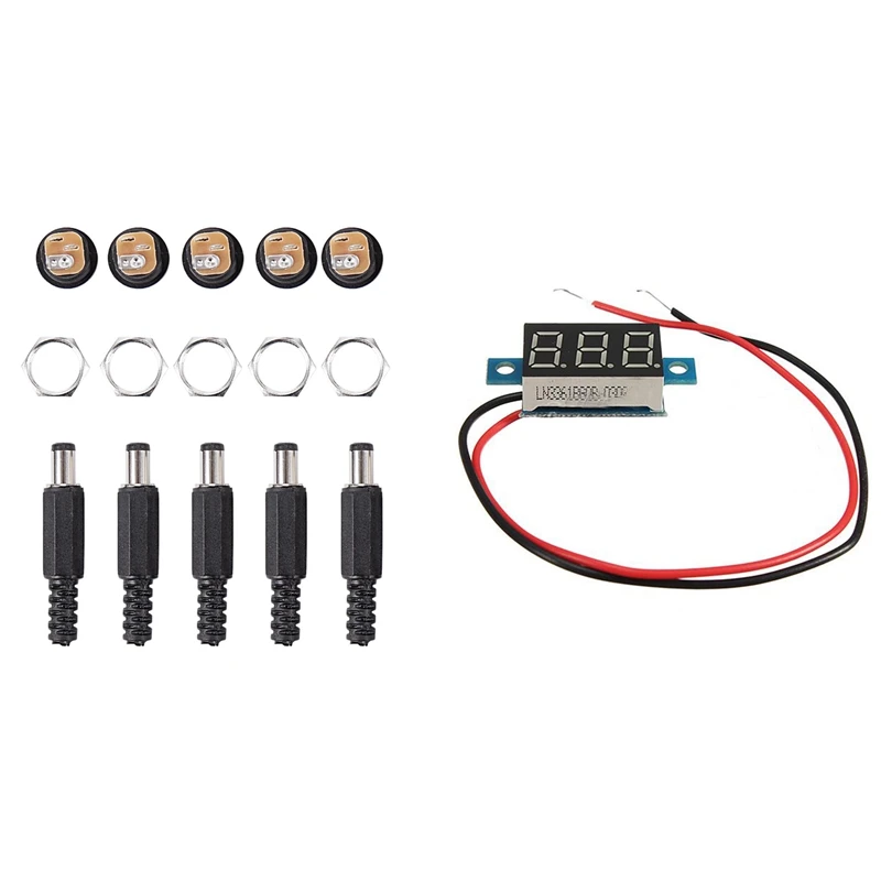 

11 шт. аксессуары: 5 шт. гнездовой разъем постоянного тока + 5 шт. гнездовой разъем и 1 шт. цифровой автомобильный Вольтметр постоянного тока 3-30 ...