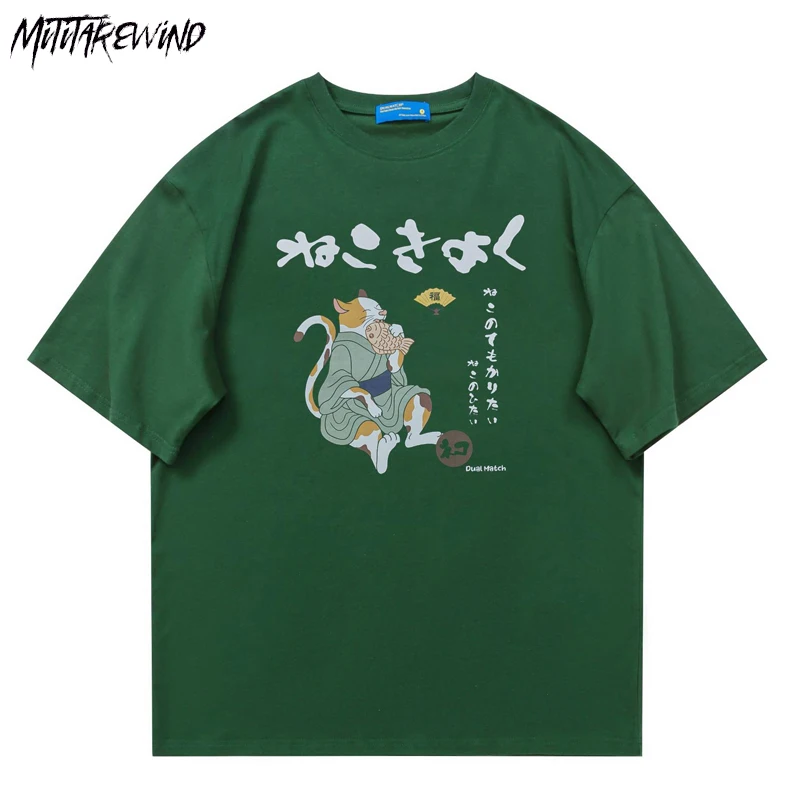 

Футболка мужская оверсайз в стиле хип-хоп, уличная одежда с мультяшным принтом кошки ест рыбы, футболки в японском стиле Харадзюку, Повседневная хлопковая рубашка Y2k