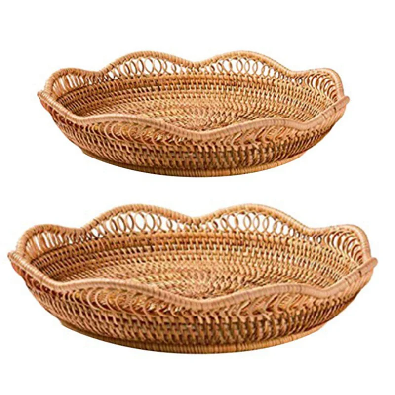 

2 Pcs Hand-Woven Rattan Storage Basket Fruit Basket Wicker Woven Tray Restaurant, S-23X5.5Cm & L-28.5X6cm