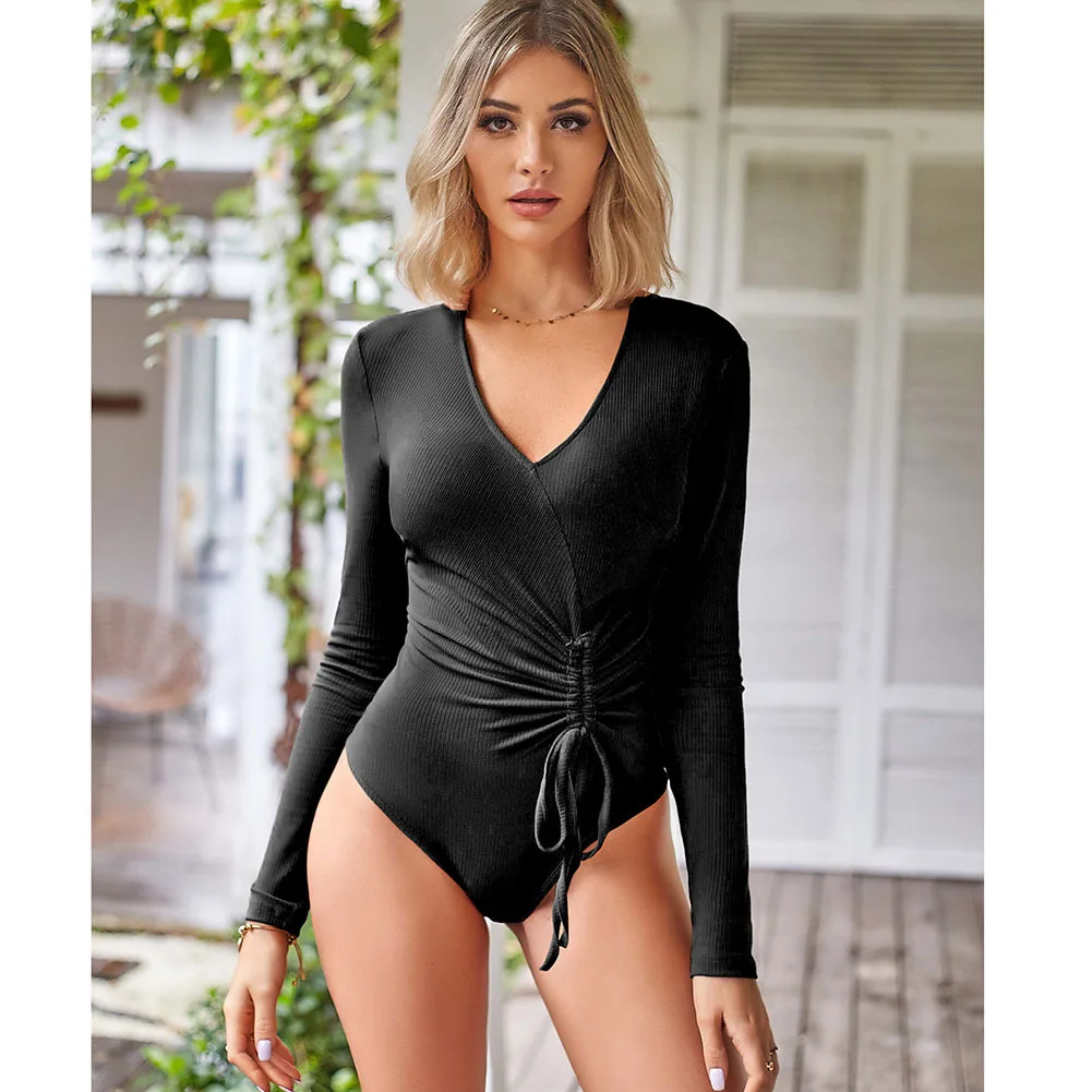 Autumn and Winter Women's Solid Color Long Sleeve V-neck Fashionable Simple Personality Drawstring Women Jumpsuit