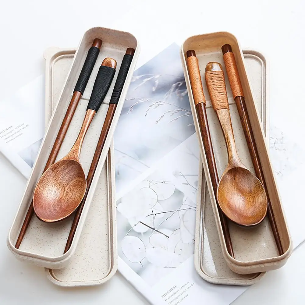 

3PCS Spoon Fork Chopstick Cutlery Portable Dinnerware Kit Lunch Tableware With Box Set 401 Stainless Steel Kitchen Accessories