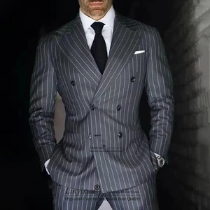 Classic Dark Gray Striped Mens Suits Slim Fit Business Blazer Double Breasted Wedding Groom Tuxedos 