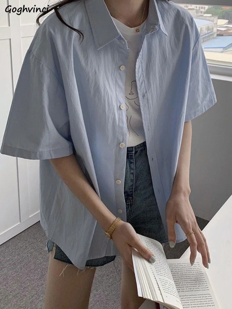 

Рубашки Женские однотонные простые шикарные летние в японском стиле повседневная одежда с коротким рукавом нежные школьницы универсальные с отложным воротником Ins