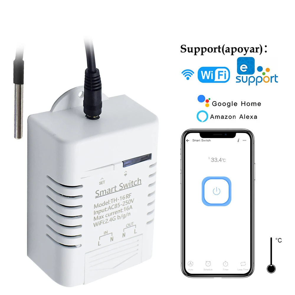 

Умный переключатель eWeLink TH16, беспроводной переключатель с контролем температуры и влажности, 16 А, Wi-Fi, совместим с Alexa Google Home