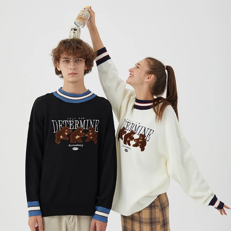 2023 Vintage Harajuku Women Brown Bear Sweater Y2K Fashion Retro Hip Hop Knitted O-Neck Sweater Pullover Casual Couple Sweater