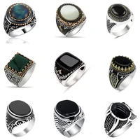 30 styles vintage handmade turkish signet ring for men women ancient silver color black onyx stone punk rings religious jewelry