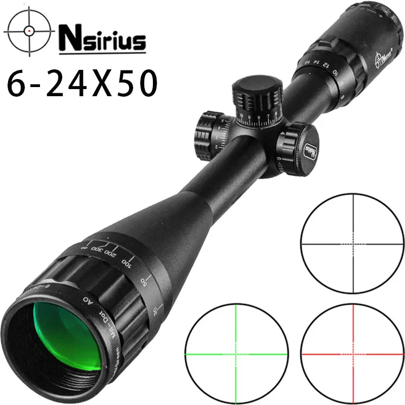 

Nsirius 6-24x50AOE Optics Rood Groen Verlichte Mil Dot Richtkijker Precisie Jacht Scope Air Rifle Scope Met Cover Mount Nsirius