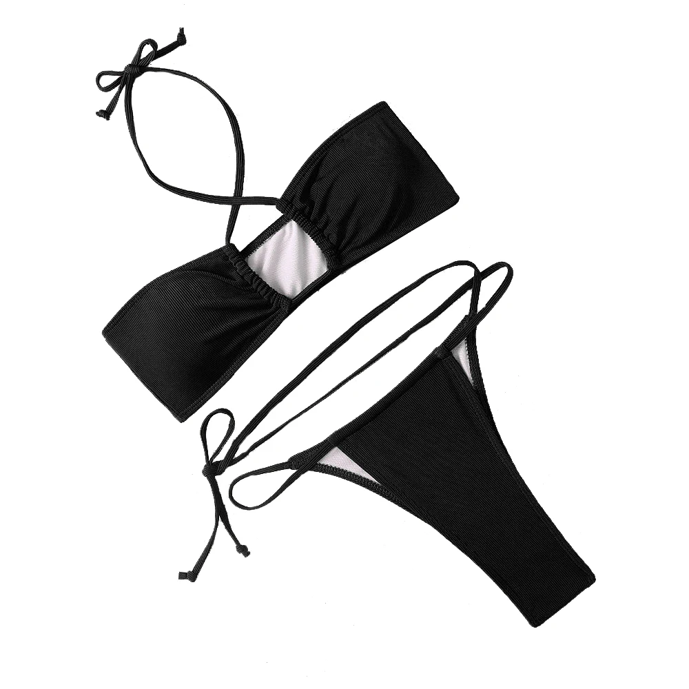 

Сексуальный комплект бикини из двух предметов, однотонные бразильские стринги на шнуровке, Женский бандажный однотонный купальник, Пляжная микро-одежда, купальный костюм