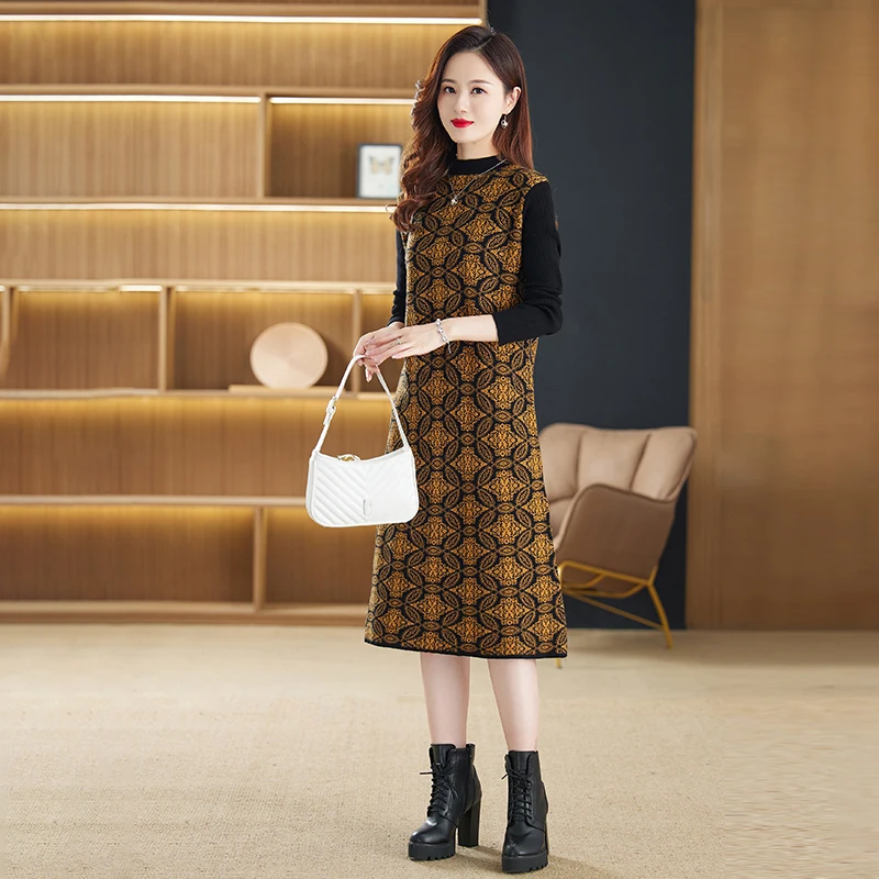 

New Autumn Winter Knitting Dresses Women 2023 Vintage O-Neck Pullover Dress Female Long Sweater dress Patchwork Cashmere Vestido