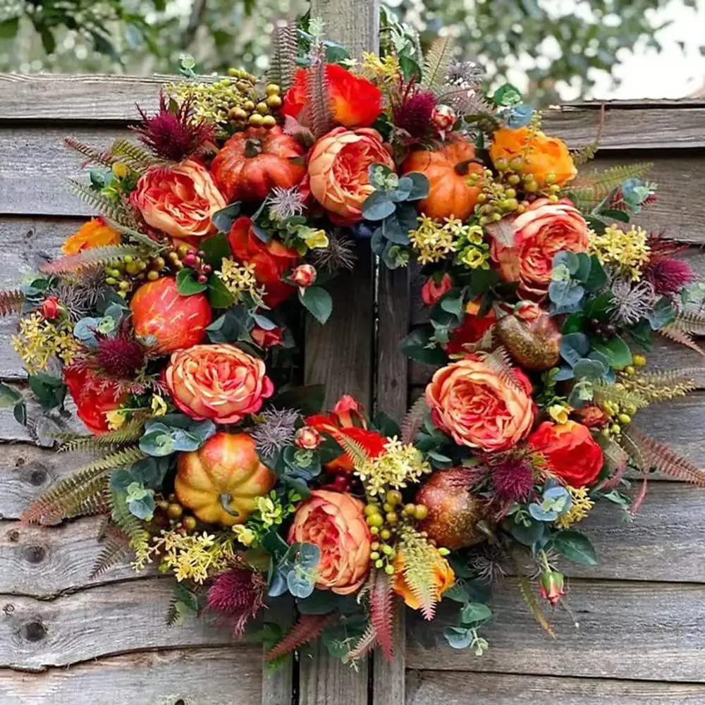 

Fall Peony And Pumpkin Wreath Year Round Wreath Simulated Garland Rattan Ring Decor Festival Celebration Thanksgiving Wreath