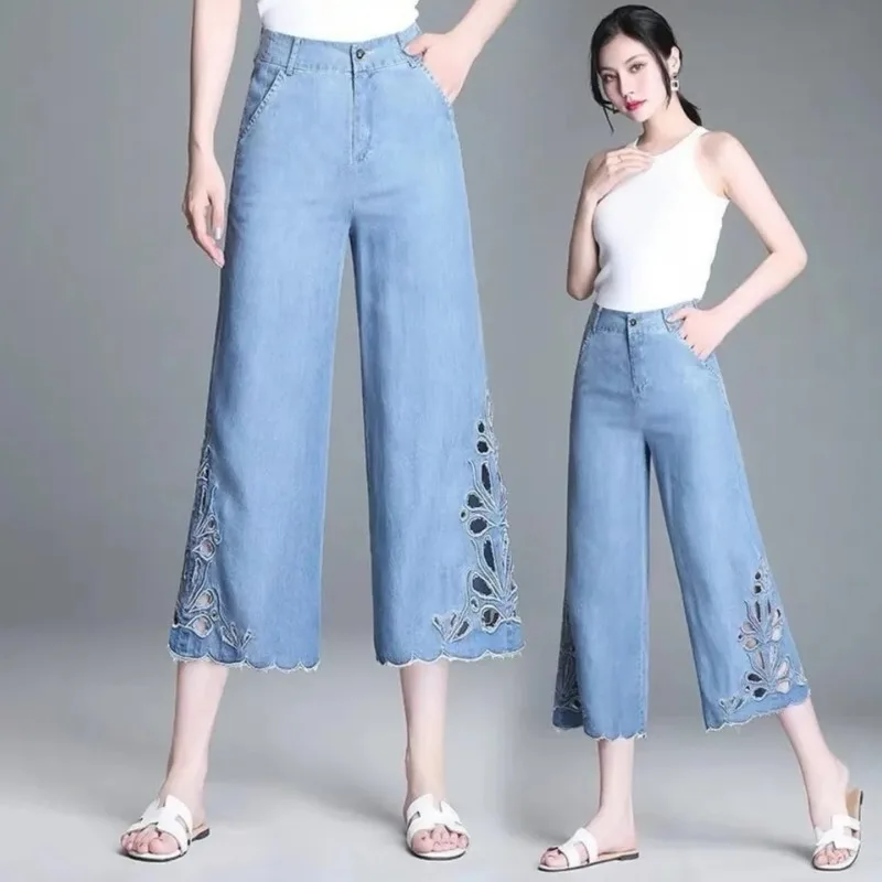 

Summer Jeans Woman Micro-flared Pants Hollow-out Embroidery Wide-leg Trousers Streetwear Casual Vaqueros Pantalones De Mujer