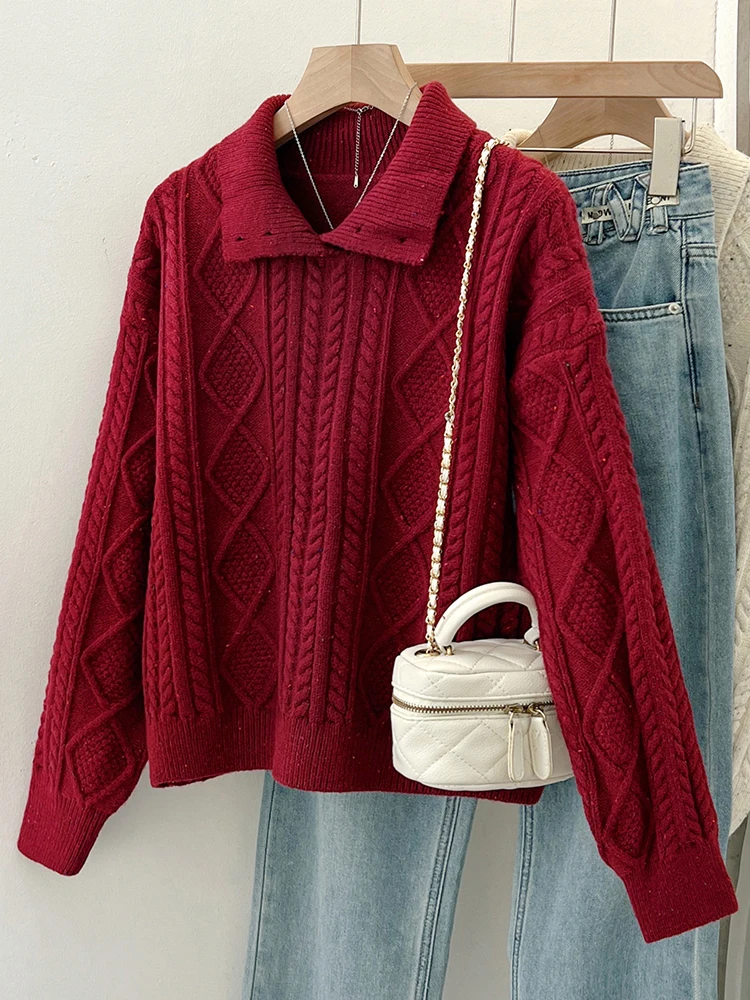 Красный свитер с кукольным воротником женский осенне-зимний 2024 новый вязаный топ