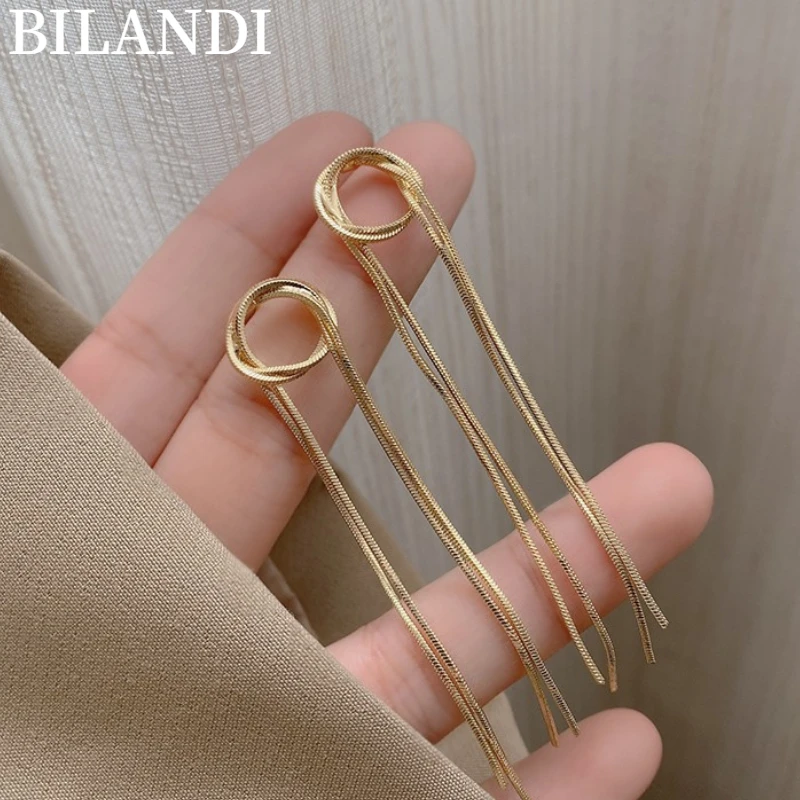 

Fashion Jewelry 925 Silver Needle Chain Dangle Earrings Popular Style Round Circle Metallic Gold Color Women Earirngs Gifts