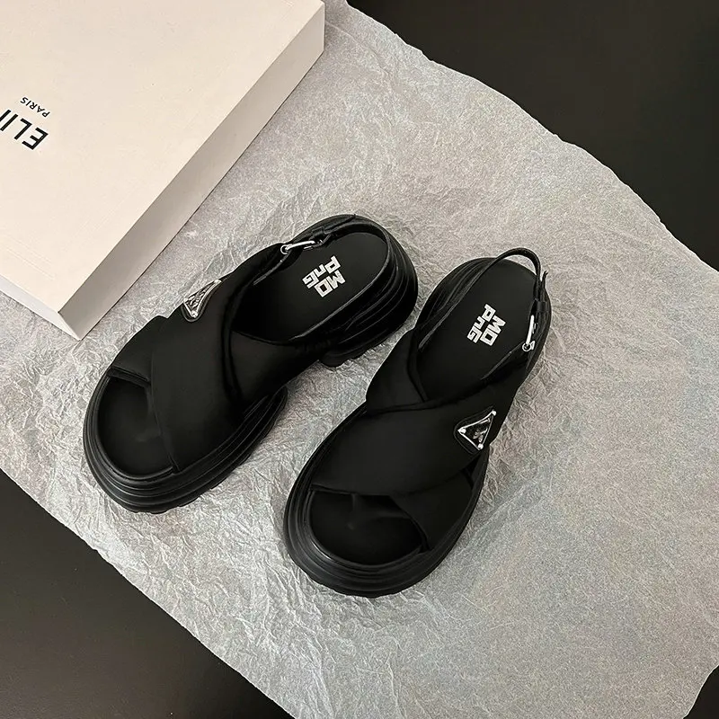 Rock Chunky Cross Strap Thick Sole Women Shoes Summer 2023 Punk Gothic Light Sole Platform Flats Slingback Luxury Women Sandals