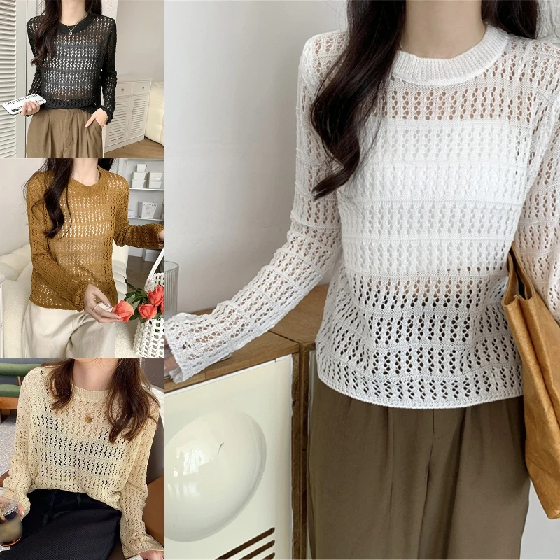 

Women's Summer Y2K Knit Top Hollow Out Crochet Long Sleeve Smock Top Streetwear