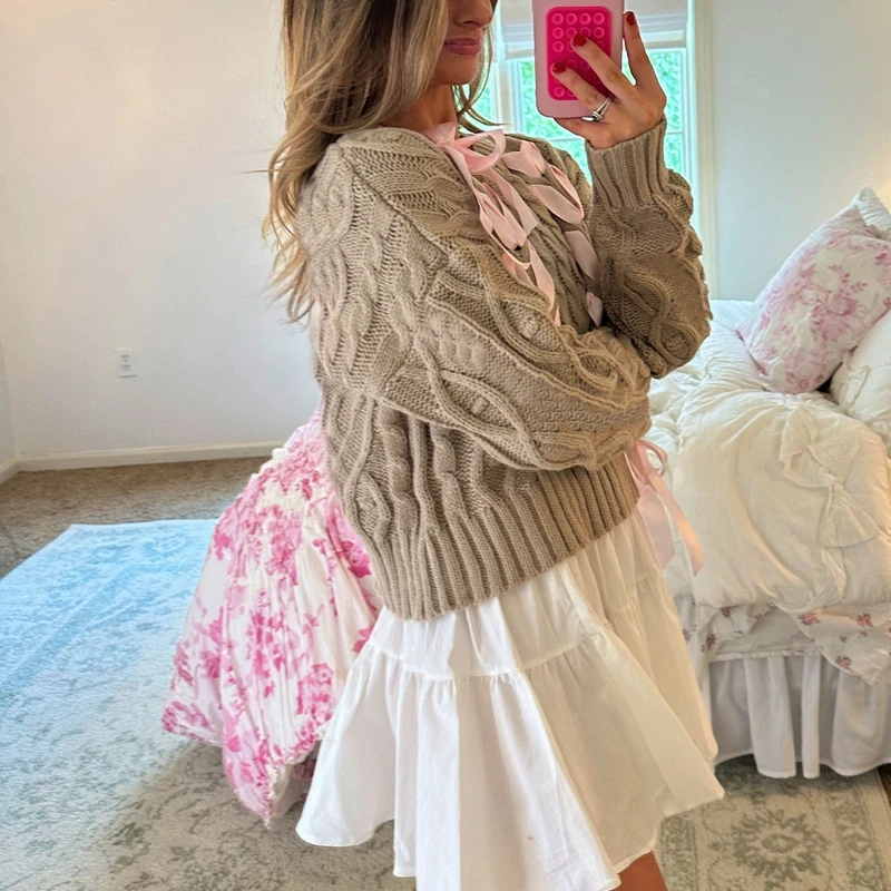 Свитер с милой лентой и крест-накрест девчачьи кокетли вязаные пуловеры женские