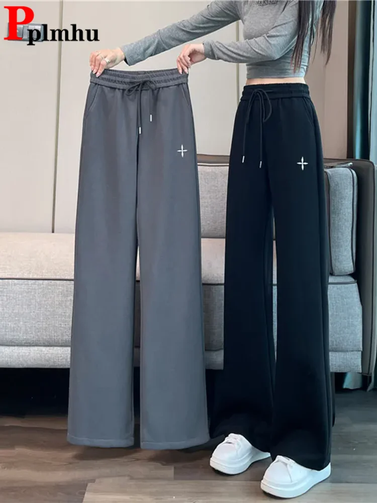 Корейские модные свободные прямые брюки женские эластичные спортивные штаны с