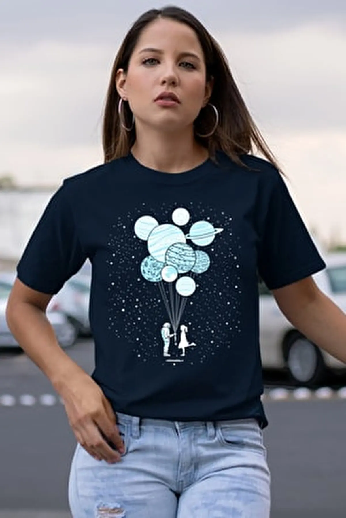 

Balloon planets navy blue short sleeve woman T-shirts Blouse women's Summer Tops Tees Shirts 3585864444