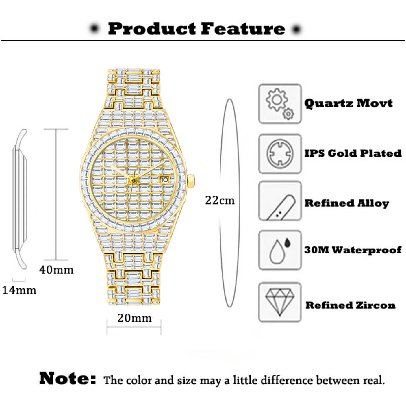 Drop Shipping Wholesale Moissanite Watches Men's Watch Baguette Diamond Luxury Gold Unisex Iced Out Moissanite Men Jewelry Watch enlarge