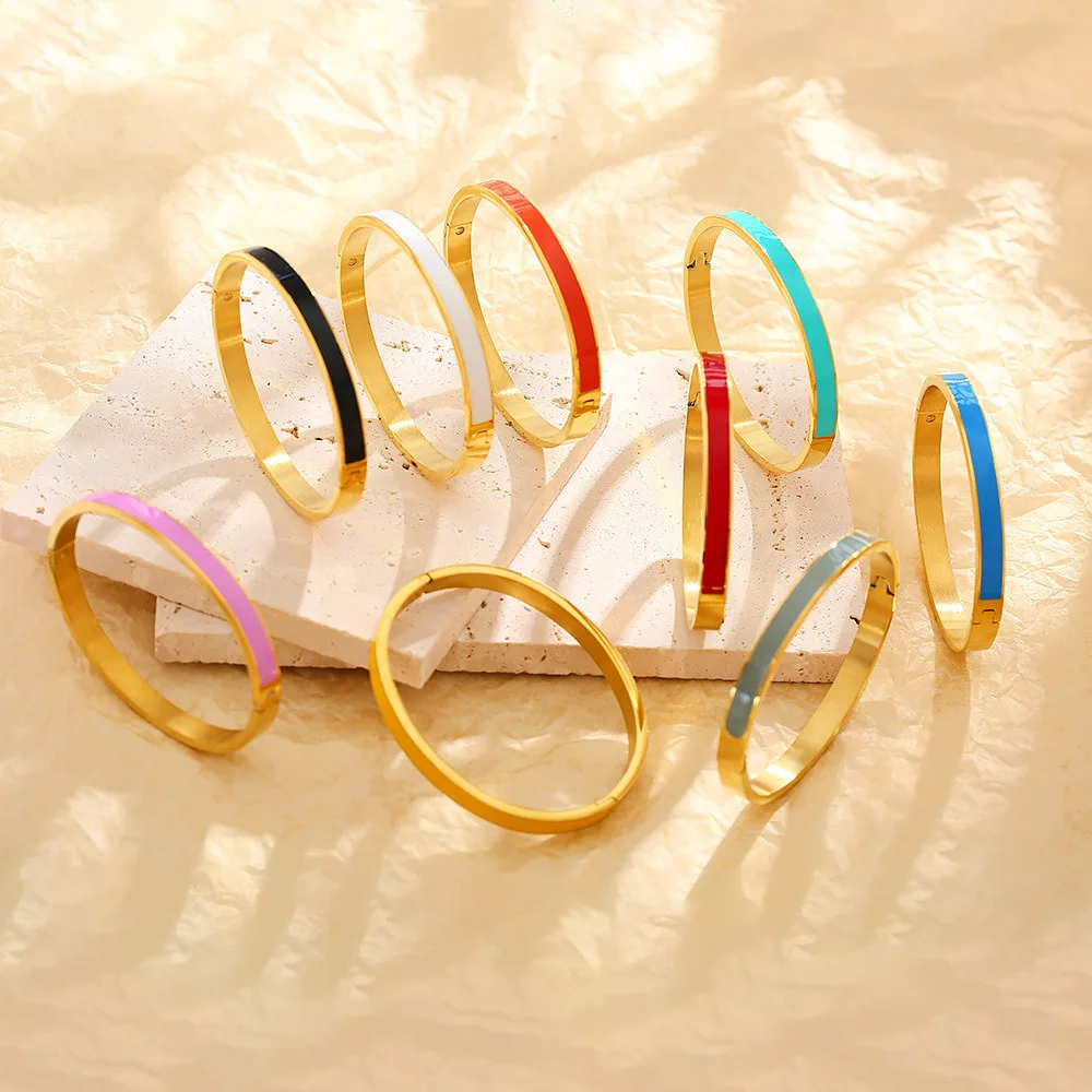 Фото Luxury Colorful Orange Enamel Bangles Bracelets for Women Party Gift Fashion Bangles Original Stainless Steel Jewelry №3