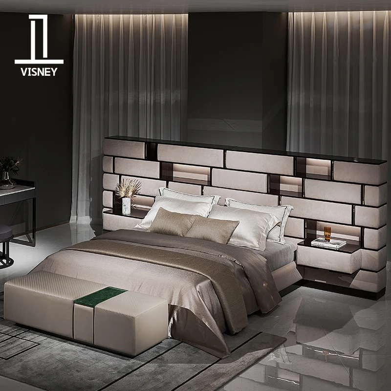 

Italian style light luxury solid wood leather bed master bedroom widescreen double bed high-end furniture combination new produc