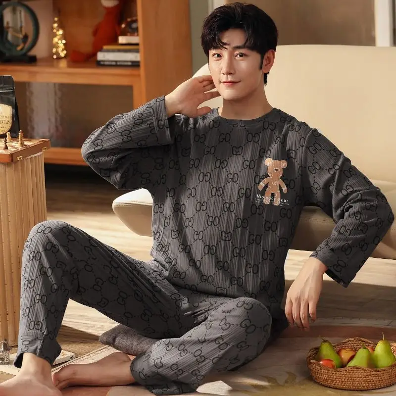 Large size long sleeve pajamas men's autumn and winter thin plus extra large size 300 pounds cardigan fat guy teen loungewear