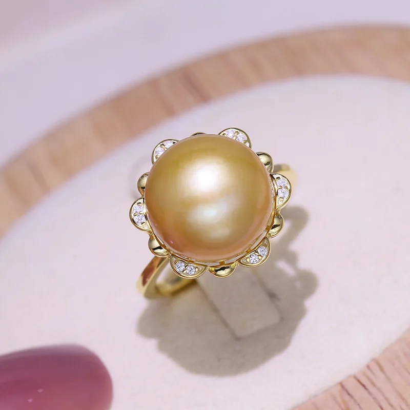 

MeiBaPJ 11-12mm Big Natural Golden Freshwater Pearl Flower Fashion Ring 925 Sterling Silver Fine Wedding Jewelry for Women