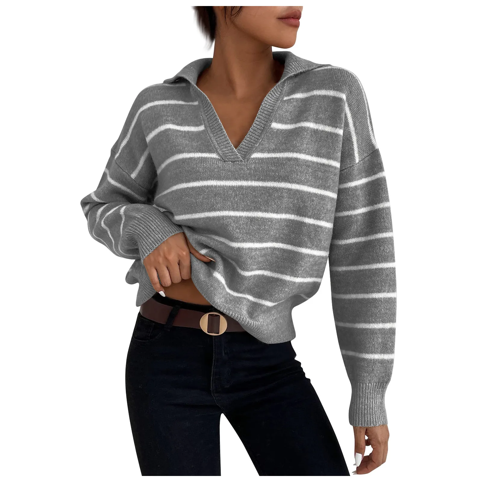

Осенний полосатый свитер, Женский вязаный пуловер с длинным рукавом, модные свитера с V-образным вырезом, Свободный джемпер с лацканами, Женская универсальная трикотажная одежда