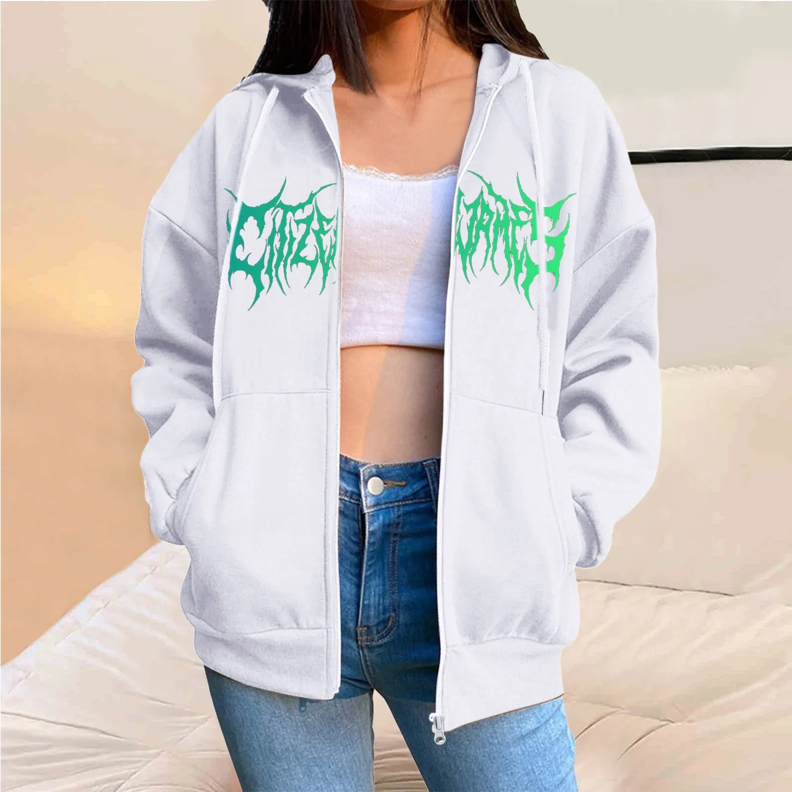 

Extra Long Zip Hoodie Women Fashion Print Fleece Zip Sweatshirt With Pocket Sweatshirt Sweater Jacket Women