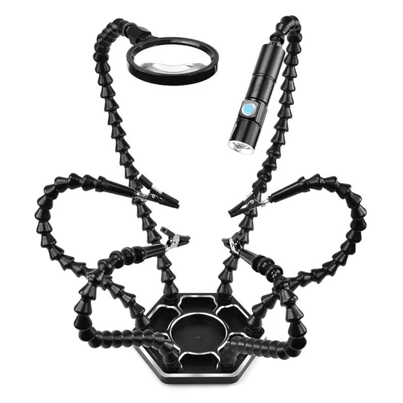 

Helping Hand Soldering Third Hands Vise with 6 Flexible Arms LED Flashlight Magnifying Glass Aluminum Base Soldering