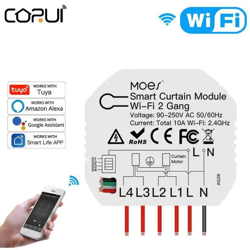 

Tuya 10A WiFi 2-way Curtain Blind Smart Switch Module Roller Shutter Electric Motor Smart Life App work with Google Home Alexa
