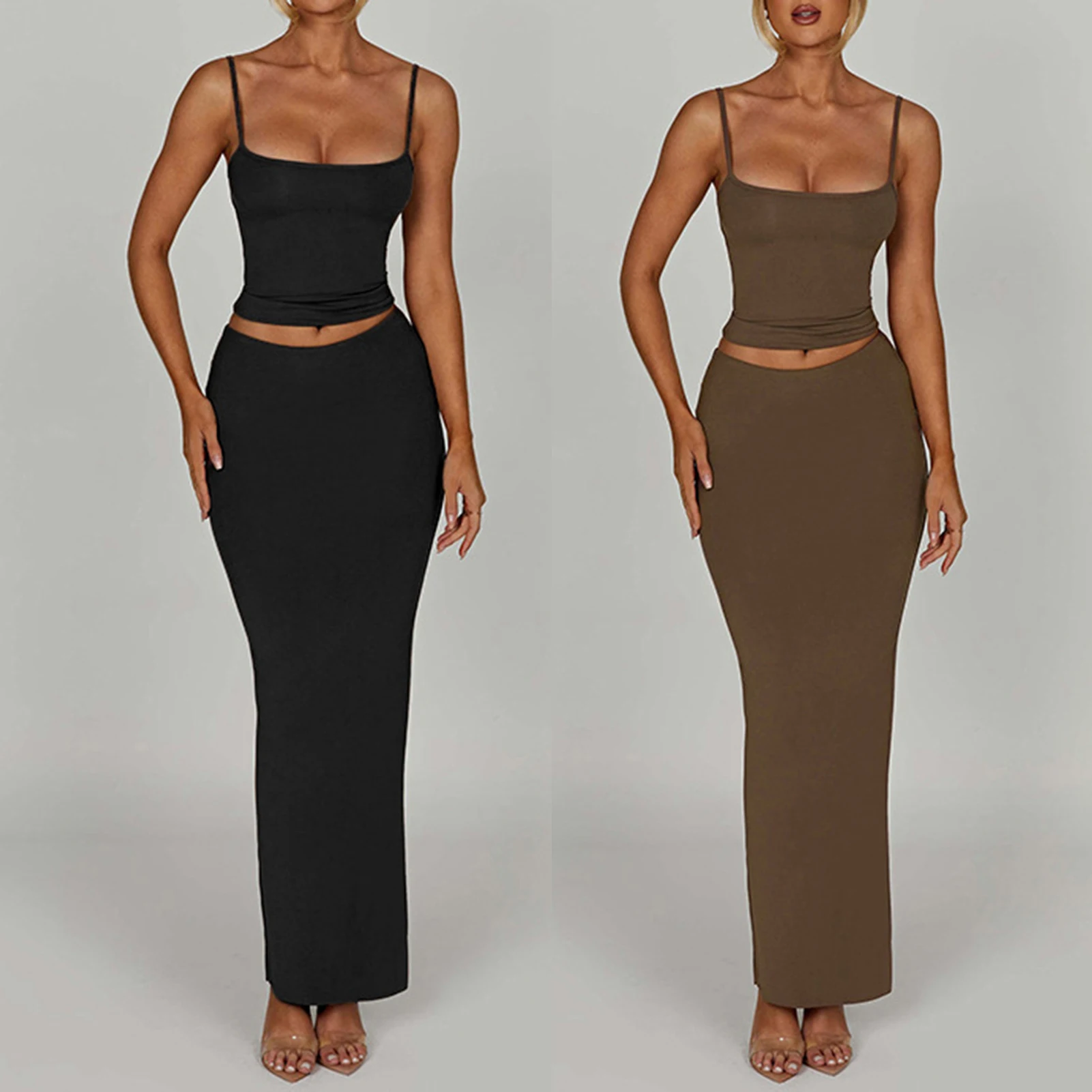 

Women Two Piece Skirt Set Square Neck Ladies Spaghetti Strap Top Skirt Backless High Waisted Solid Color Party Clothing