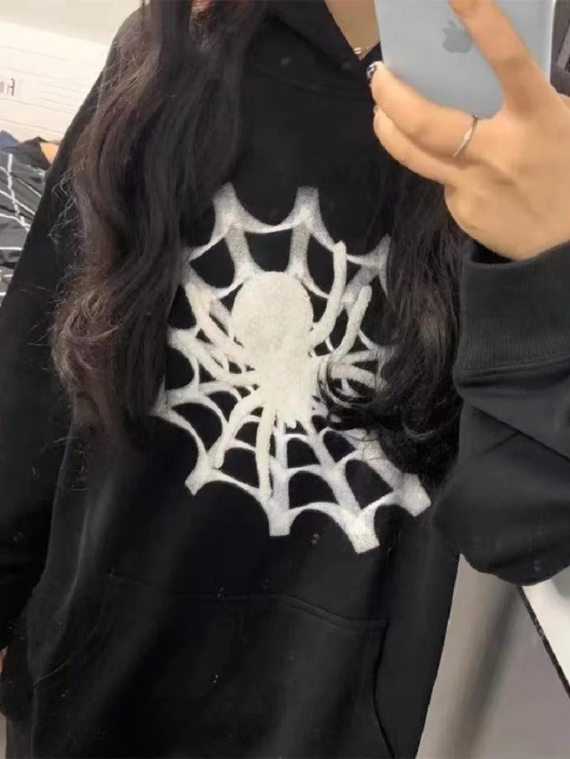 

Spider Web Printed Black Hoodie Sweatshirt Warm Harajuku Punk Pullover Y2K Clothing Women's Hip Hop Sweatshirt Hoodie Retro