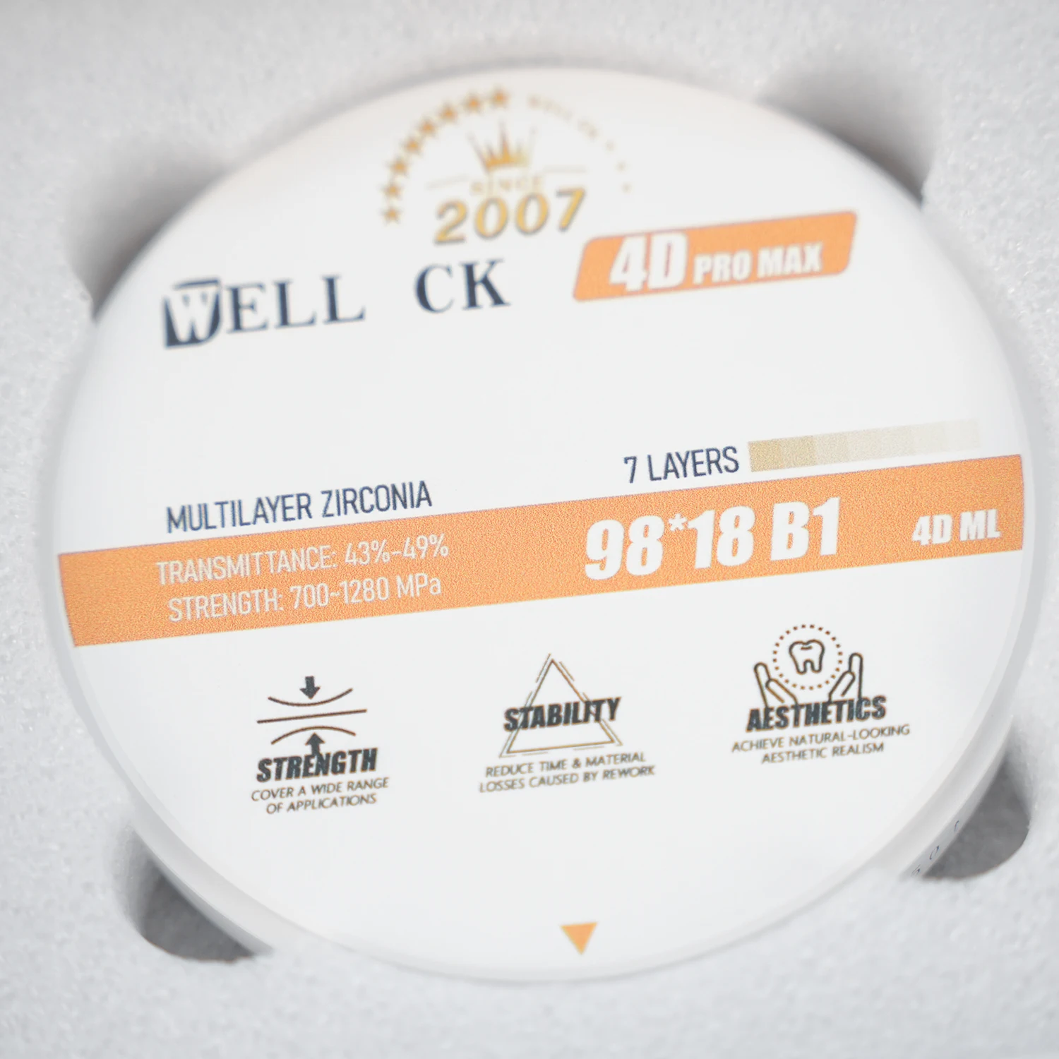 Фото Стоматологический блок Well CK 98 мм из диоксида циркония для CAD/CAM фрезерования |   12/14/16/18 мм |   Многослойный высокопрозрачный диск из диоксида циркония №4